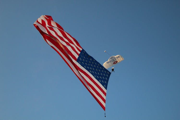 Flying Paraglider Pulling US Flag