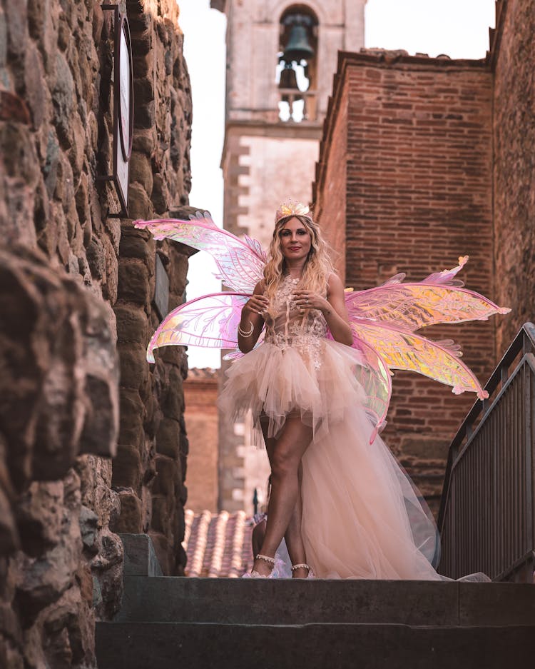 Woman In Butterfly Costume On Street