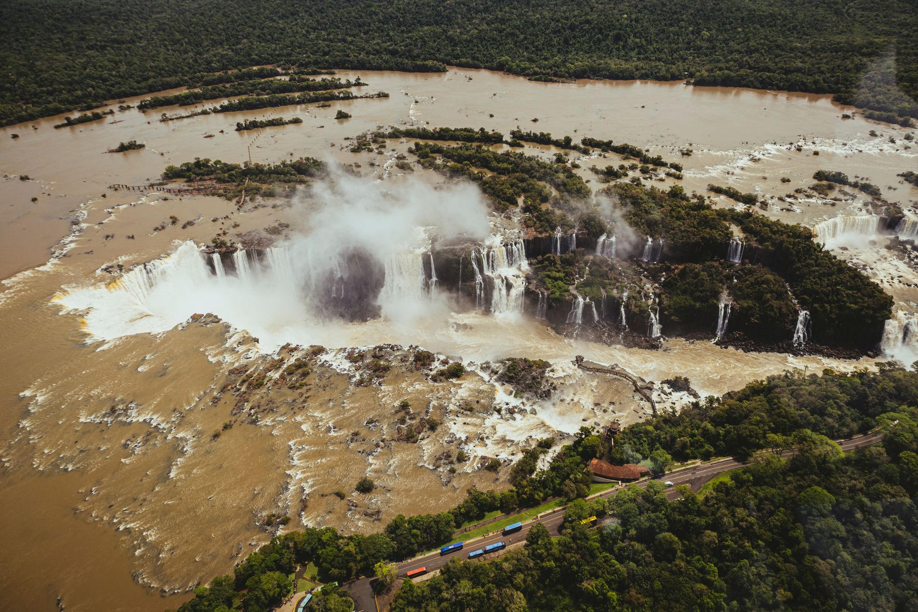 iguazu falls argentina waterfalls jungle rainbow panoramic aerial wide