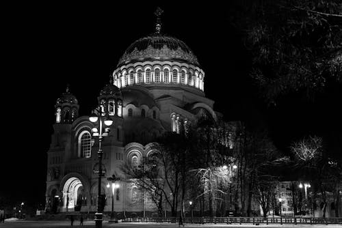 Illuminated Orthodox Church in Kronstadt at Night