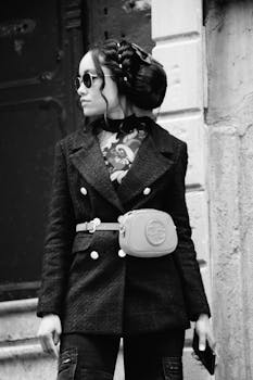 Elegant woman in a vintage coat and sunglasses on a city street, exuding fashion-forward style.
