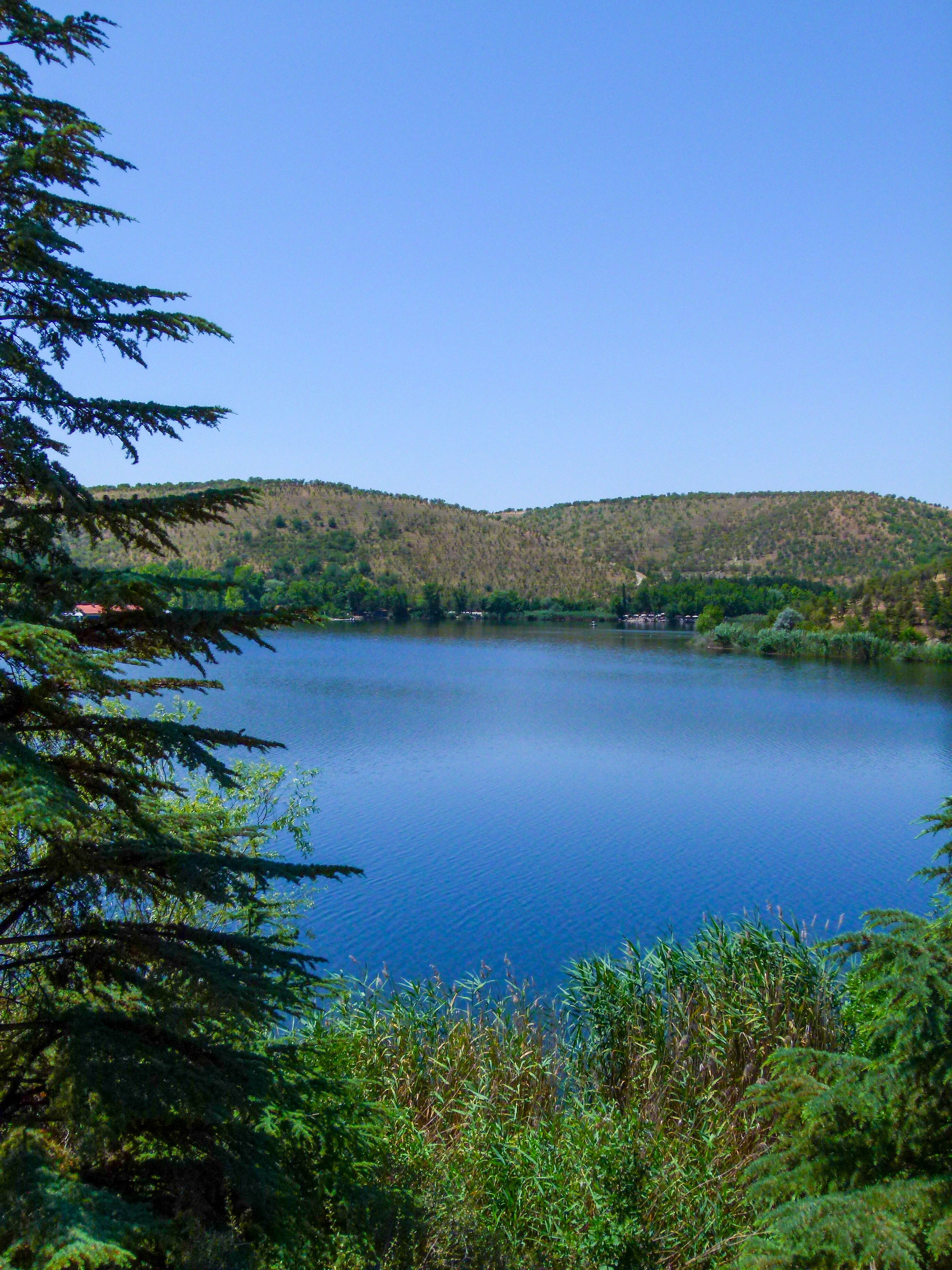 Peaceful lake surrounded by trees and hills under a clear blue sky.