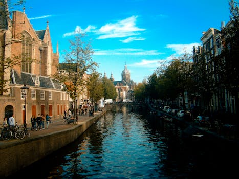 Charming view of Amsterdam's canals, architecture, and vibrant urban life under a clear blue sky.