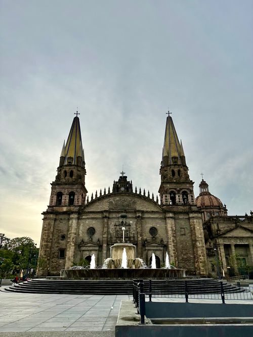 Free Stunning view of the Guadalajara Cathedral with twin spires and fountain. Stock Photo