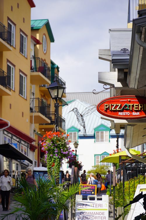 A street with many shops and restaurants