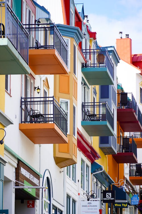 Colorful balconies on a street in a city