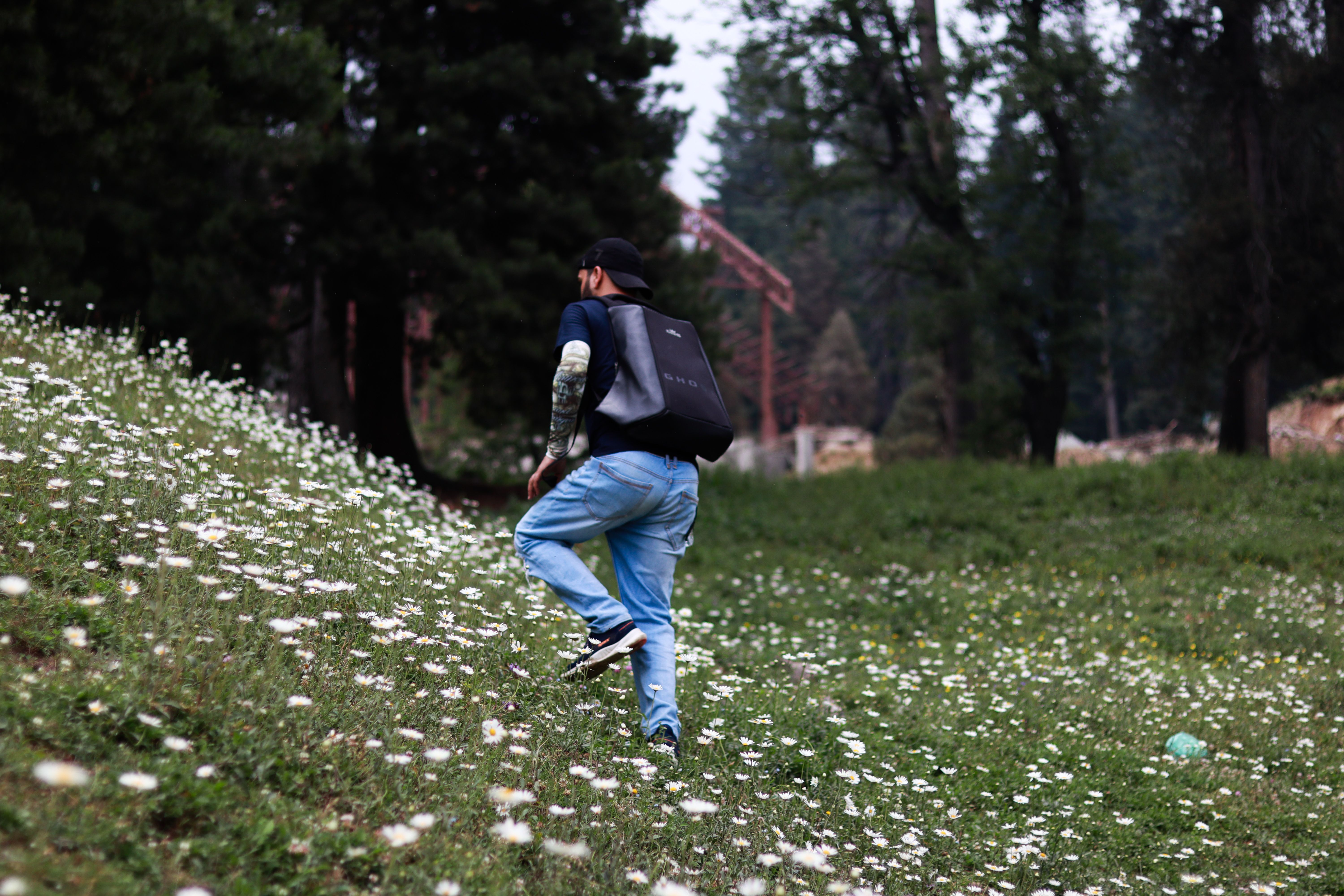 A man explores a flower-covered hill in a serene outdoor setting.