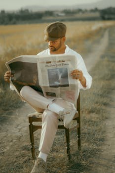 Stylish man sits outdoors reading a newspaper in a serene field.