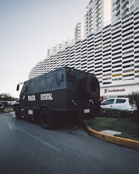 白天，现代高层建筑附近的城市街道上停着一辆警车