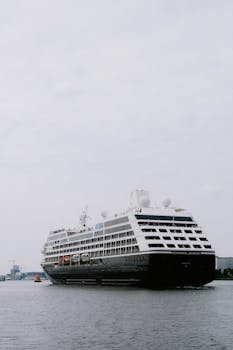 A luxury cruise ship sails across the water, symbolizing travel and adventure.