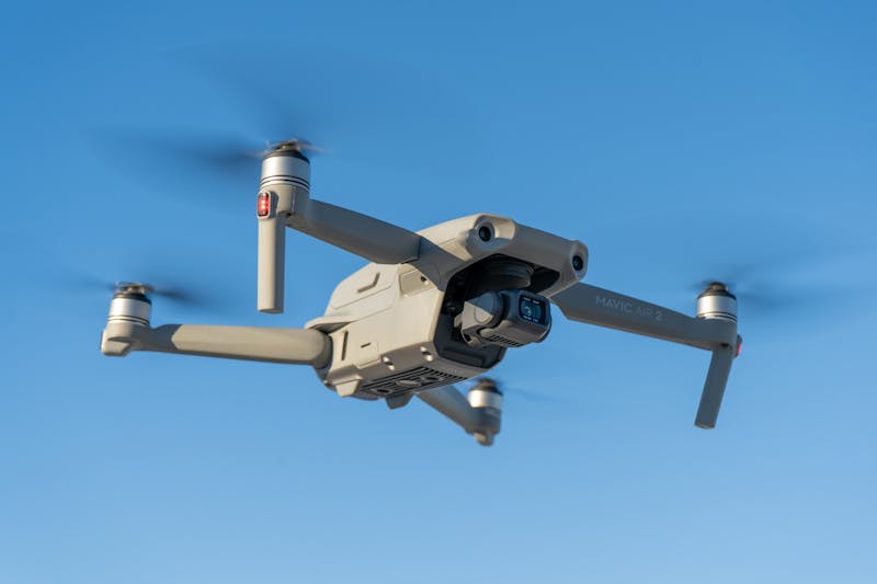 Close-up of drone camera and gimbal system in flight