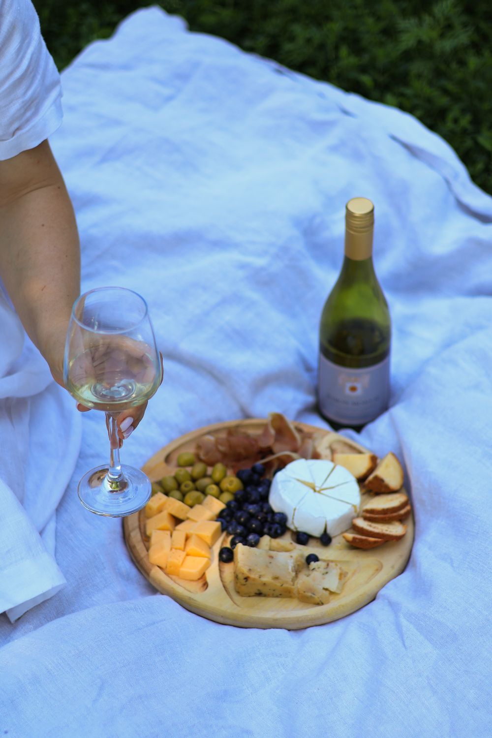 A person is holding a wine glass and a plate of food · Free Stock Photo