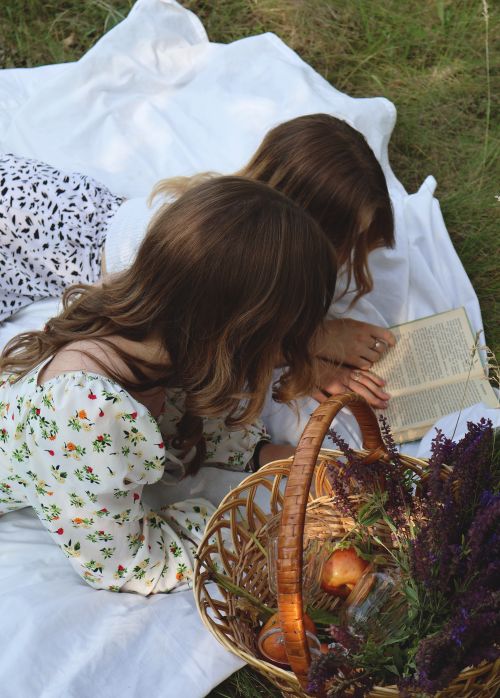 Free Two women enjoying a peaceful day outdoors with a picnic basket and a book. Stock Photo