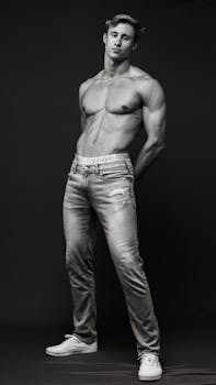 Studio shoot featuring a shirtless muscular man posing confidently in jeans and sneakers.