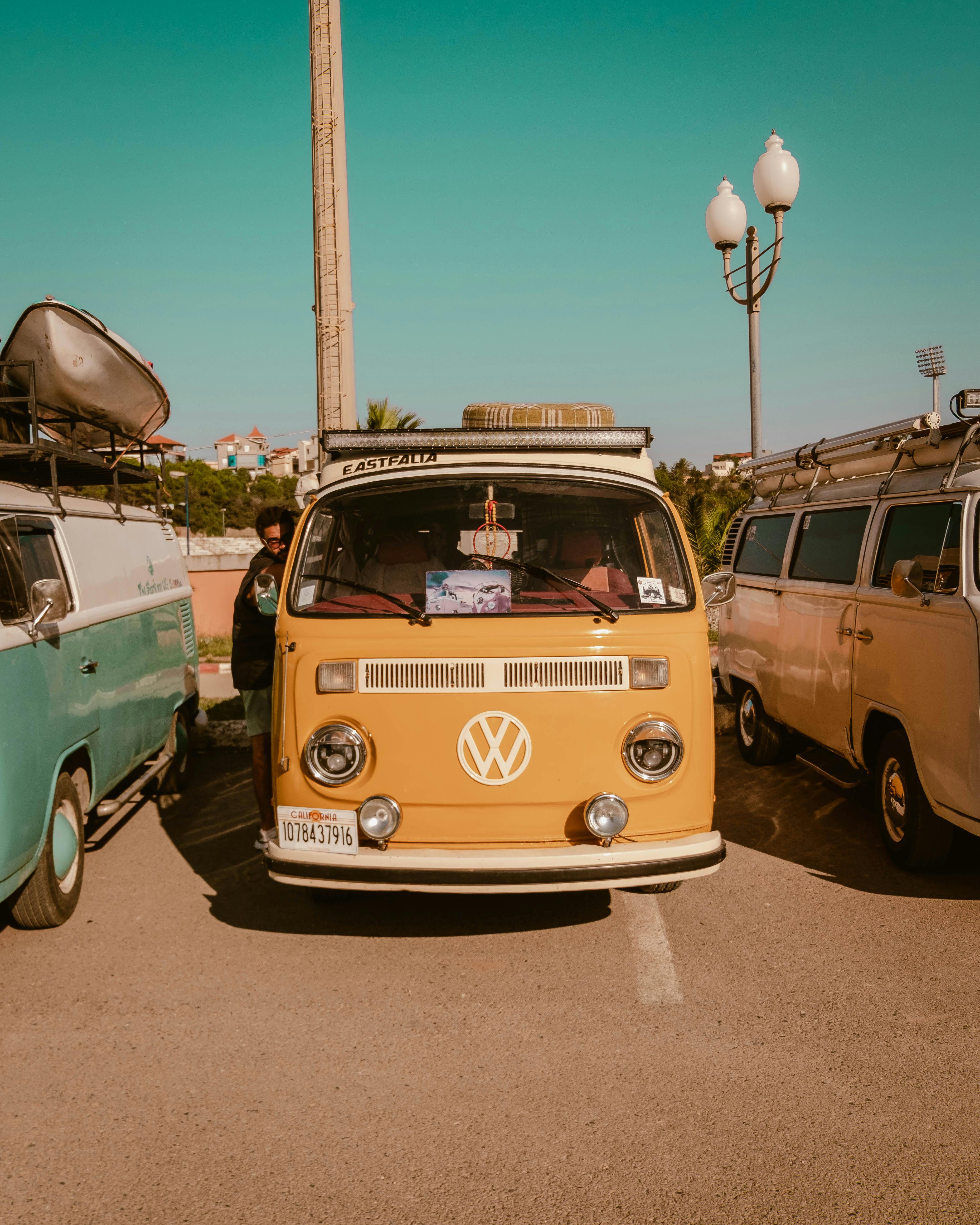Capturing a classic yellow Volkswagen van parked between other campers on a sunny day.