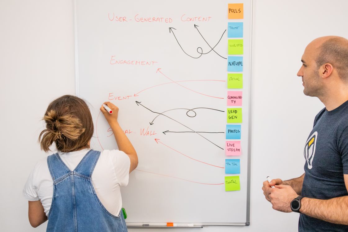 Two colleagues collaborating on a content marketing strategy using a whiteboard