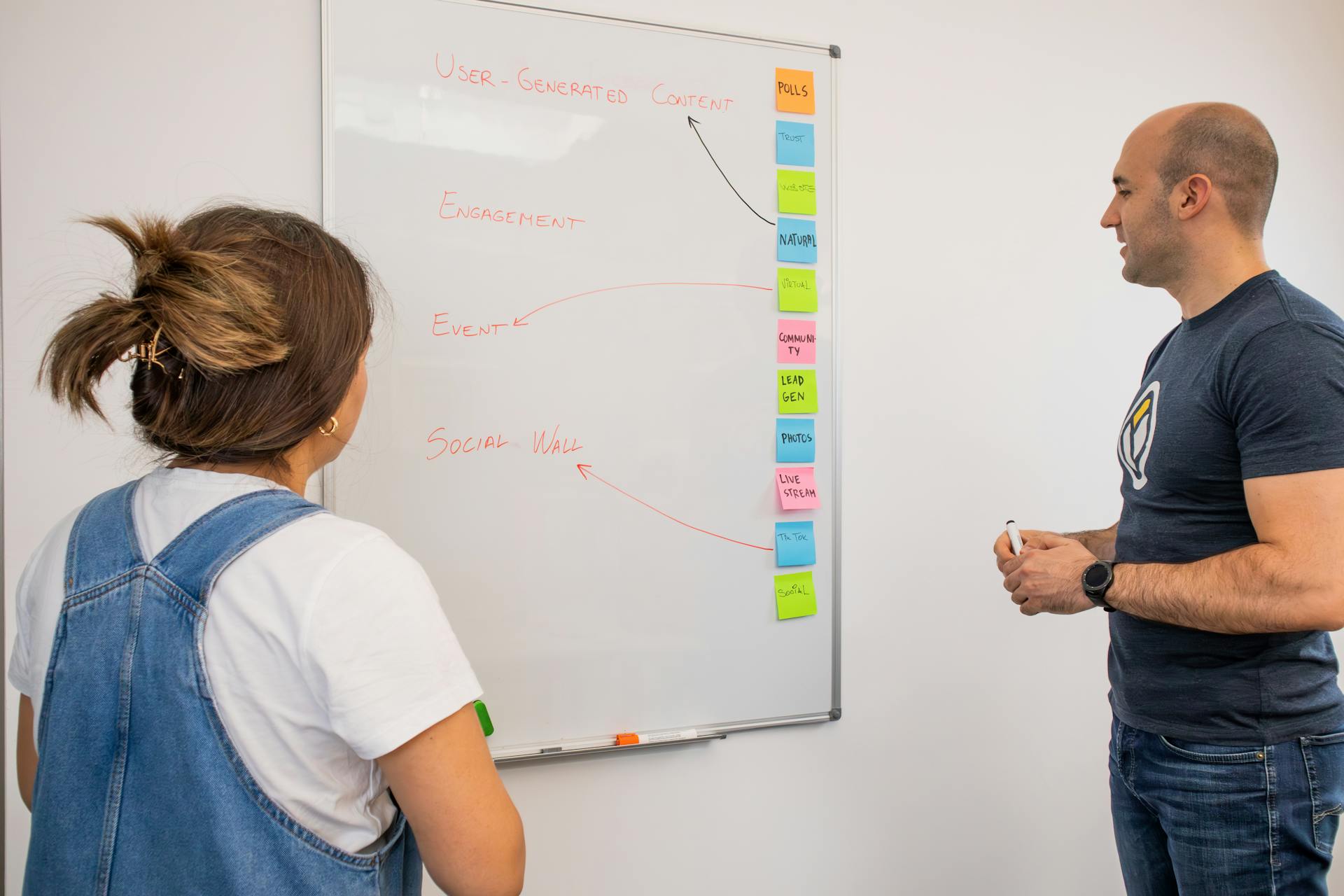 Two colleagues collaborate on a marketing strategy at a whiteboard in a modern office setting.