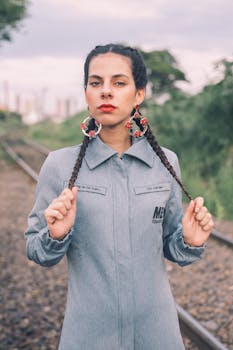 一位梳着编发的时尚女性自信地在火车轨道上摆出姿势，展现了她独特的风格