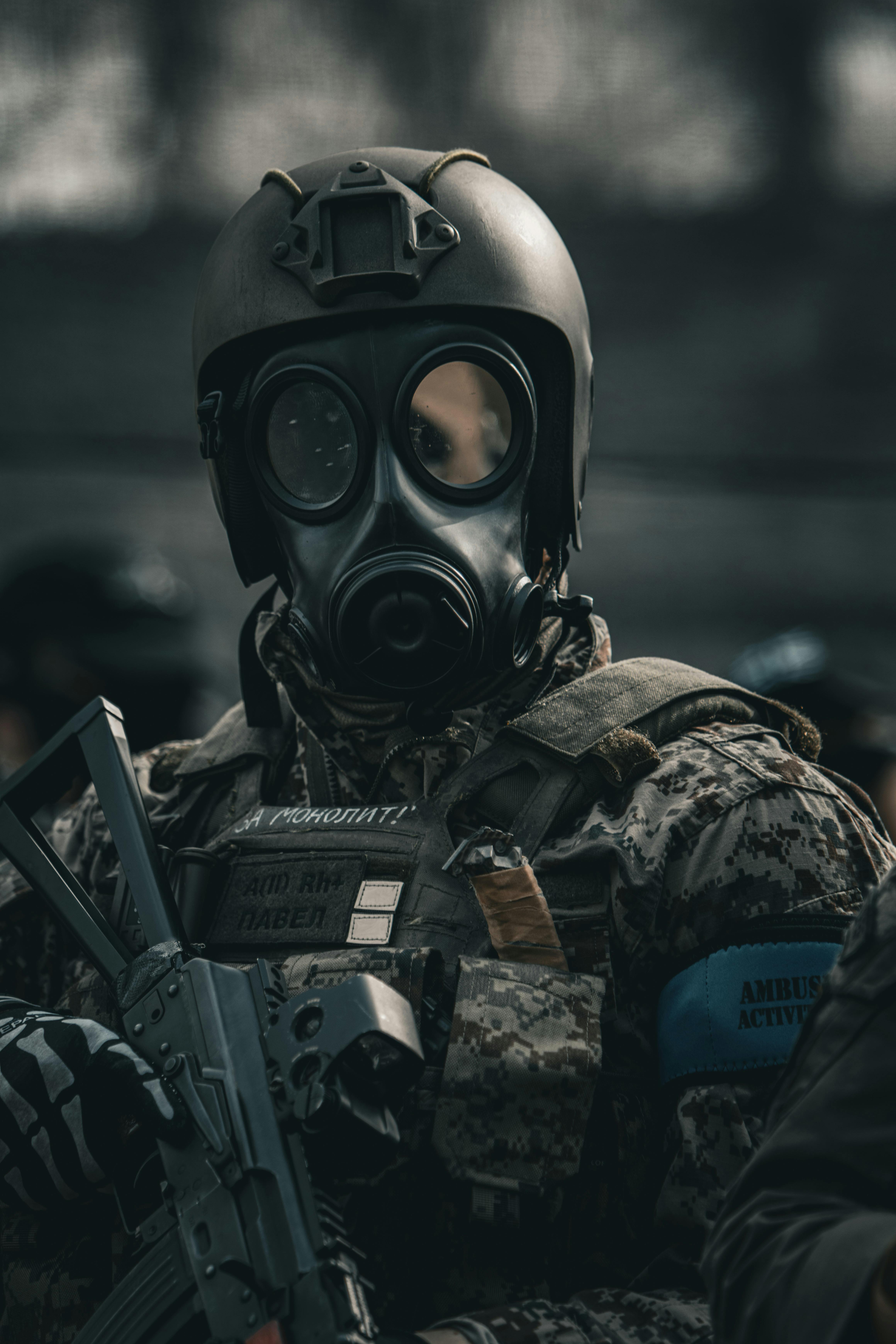 portrait of soldier in gas mask