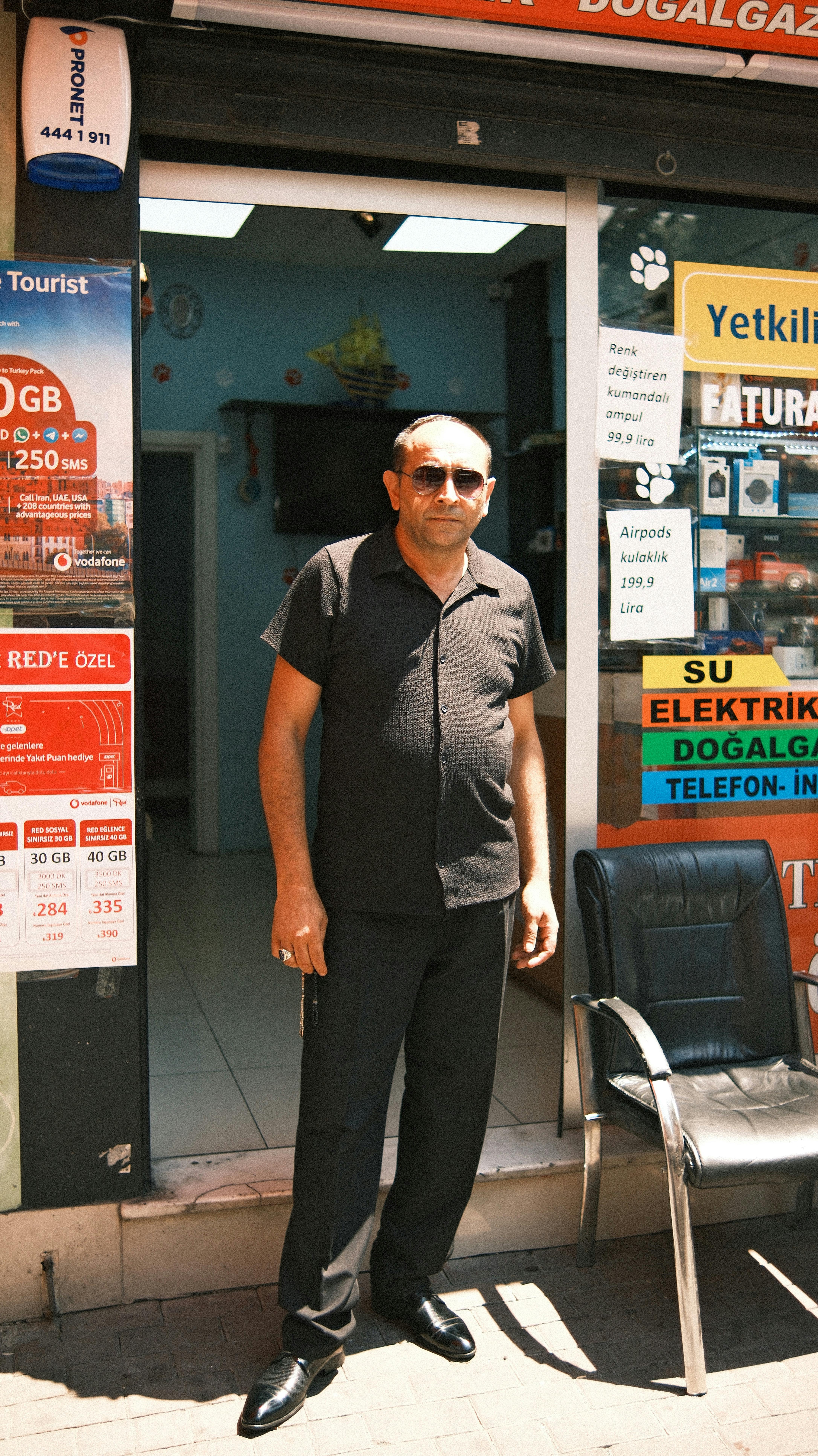 A man in sunglasses standing outside a retail shop on a sunny day.