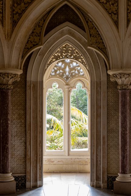 A stunning Gothic arched window with intricate carvings frames a view of lush palm trees.