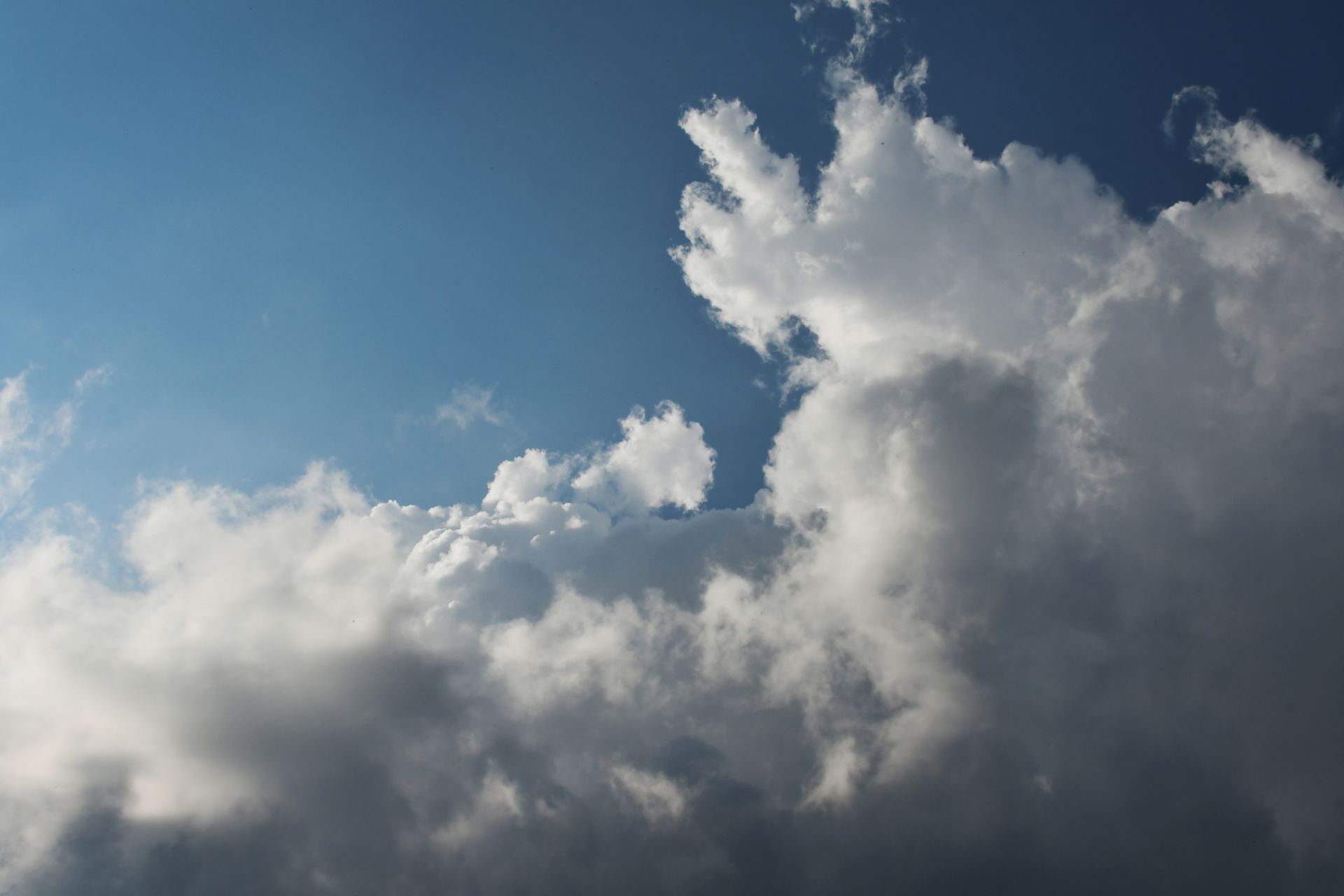 A captivating sky filled with cumulus clouds against a bright blue backdrop, showcasing dynamic weather patterns.