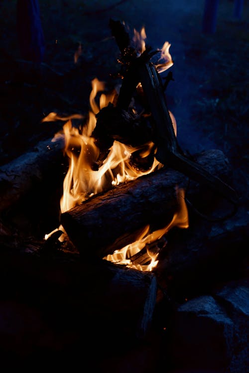 A campfire with logs burning in the dark