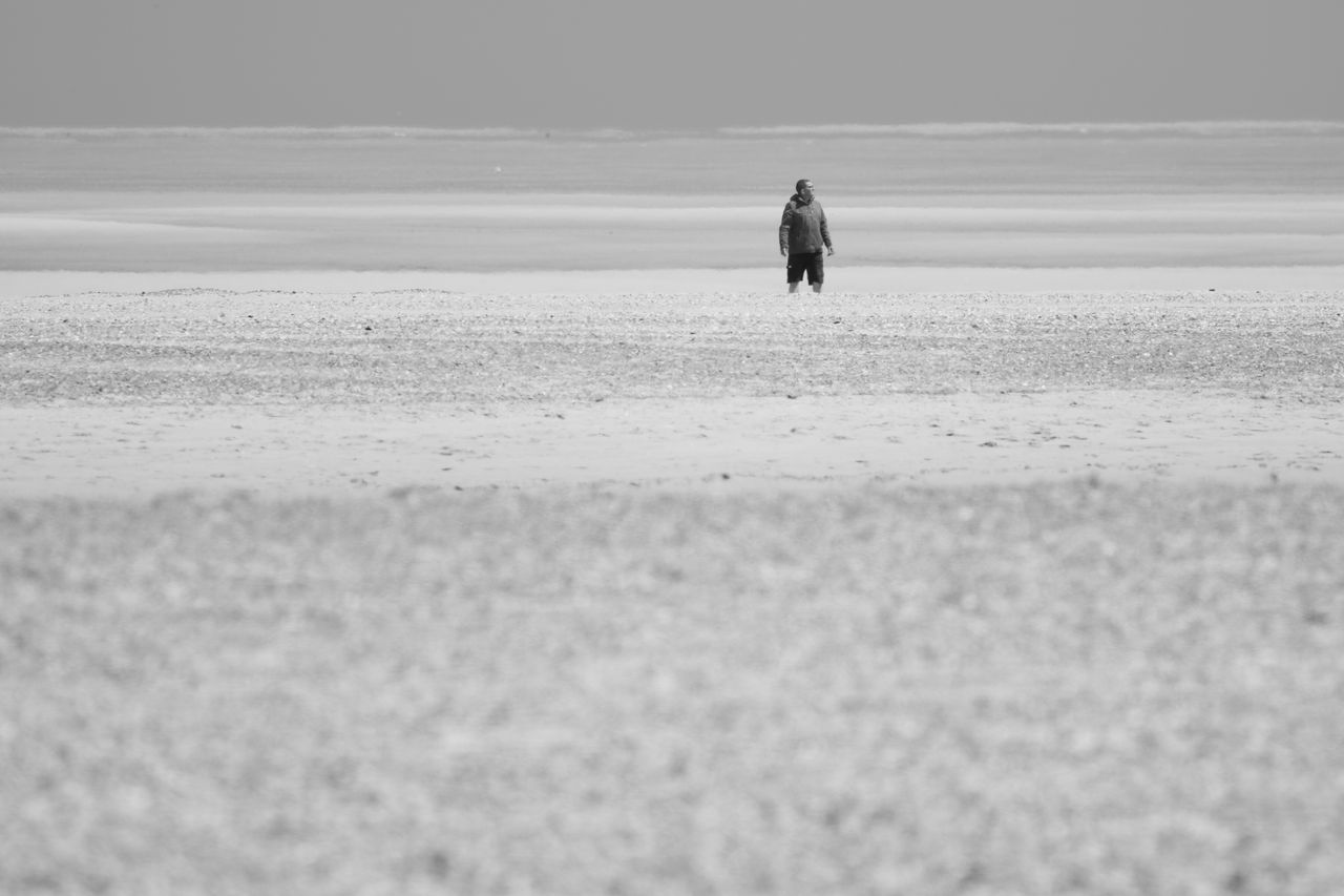 a lone figure stands in a vast barren desert landscape captured in bla