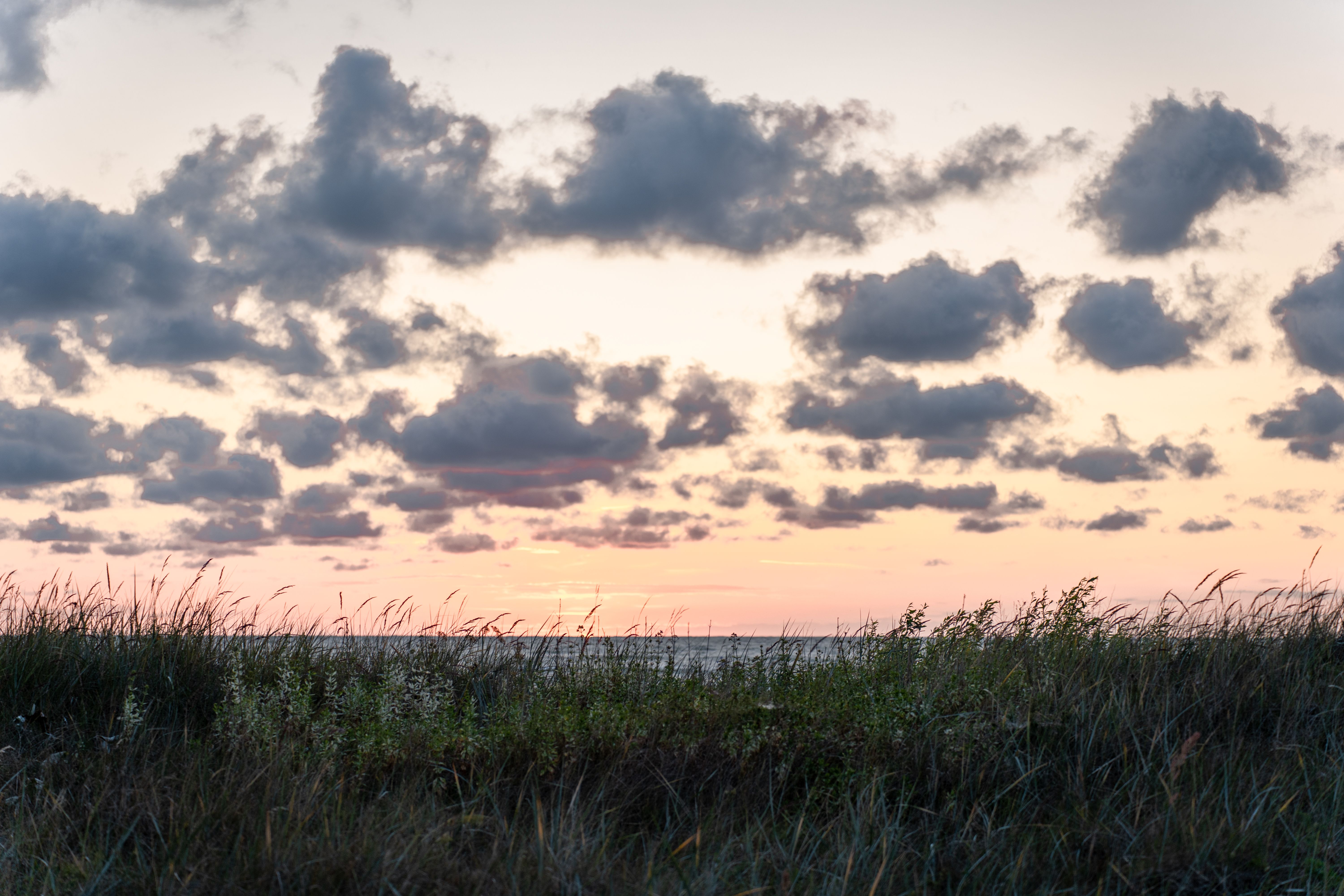 A sunset over the ocean with clouds and grass · Free Stock Photo