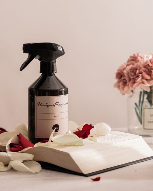 Free Black perfume bottle on open book surrounded by rose petals. Soft floral decor. Stock Photo