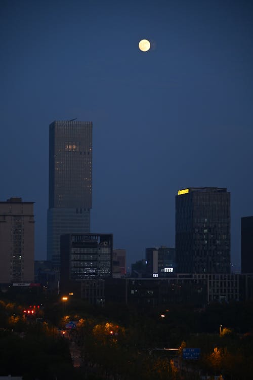 Full Moon over a Night Cityscape with Skyscrapers