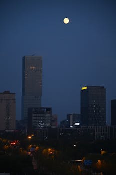 A city skyline at night featuring a full moon above modern skyscrapers.