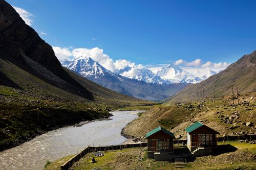 Free Stunning landscape of Ladakh mountains with a river and huts in summer. Stock Photo
