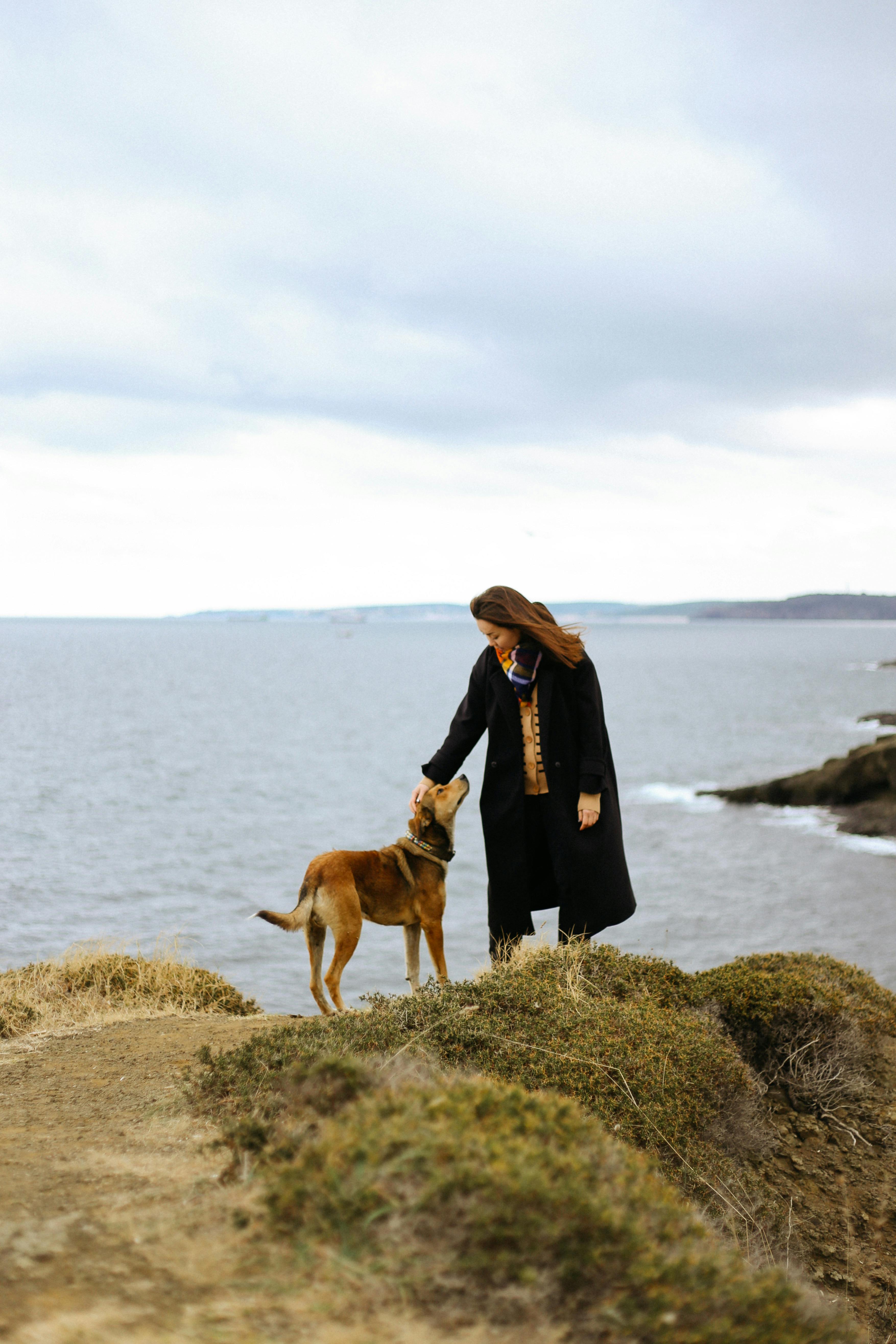 A woman stands with her dog on a cliff overlooking the ocean on a serene day.