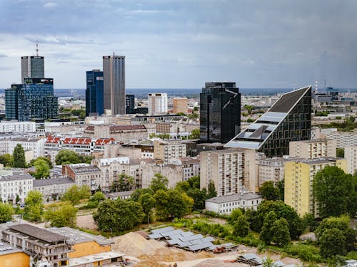 Aerial View of Modern Skyscrapers in Warsaw, Poland 