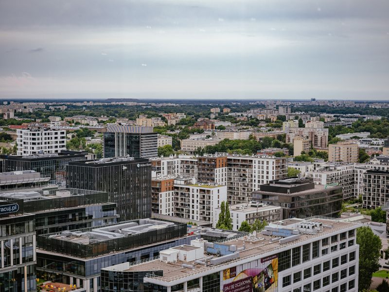 Aerial view of Warsaw showcasing modern and residential architecture