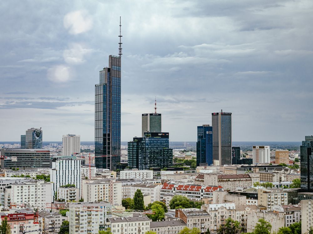 Skyscrapers in the centre of Warsaw under cloudy skies