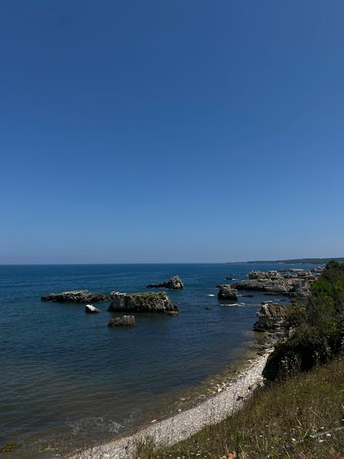 View of a Rocky Coast under Clear Blue Sky 