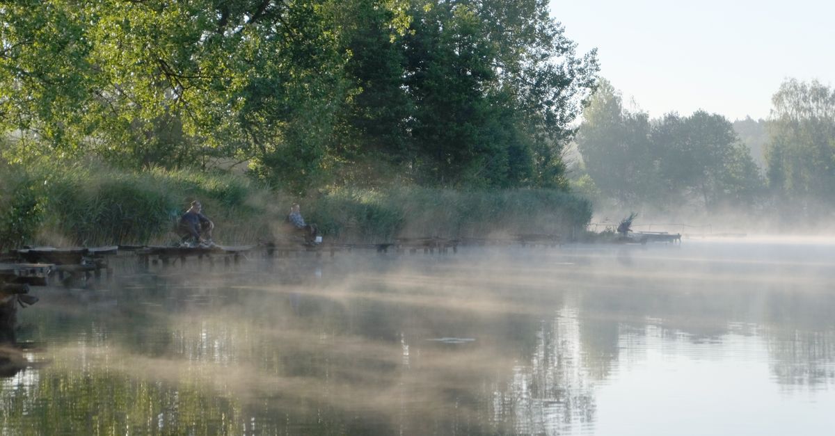 Wedkarze nad mglistym jeziorem otoczonym drzewami o poranku