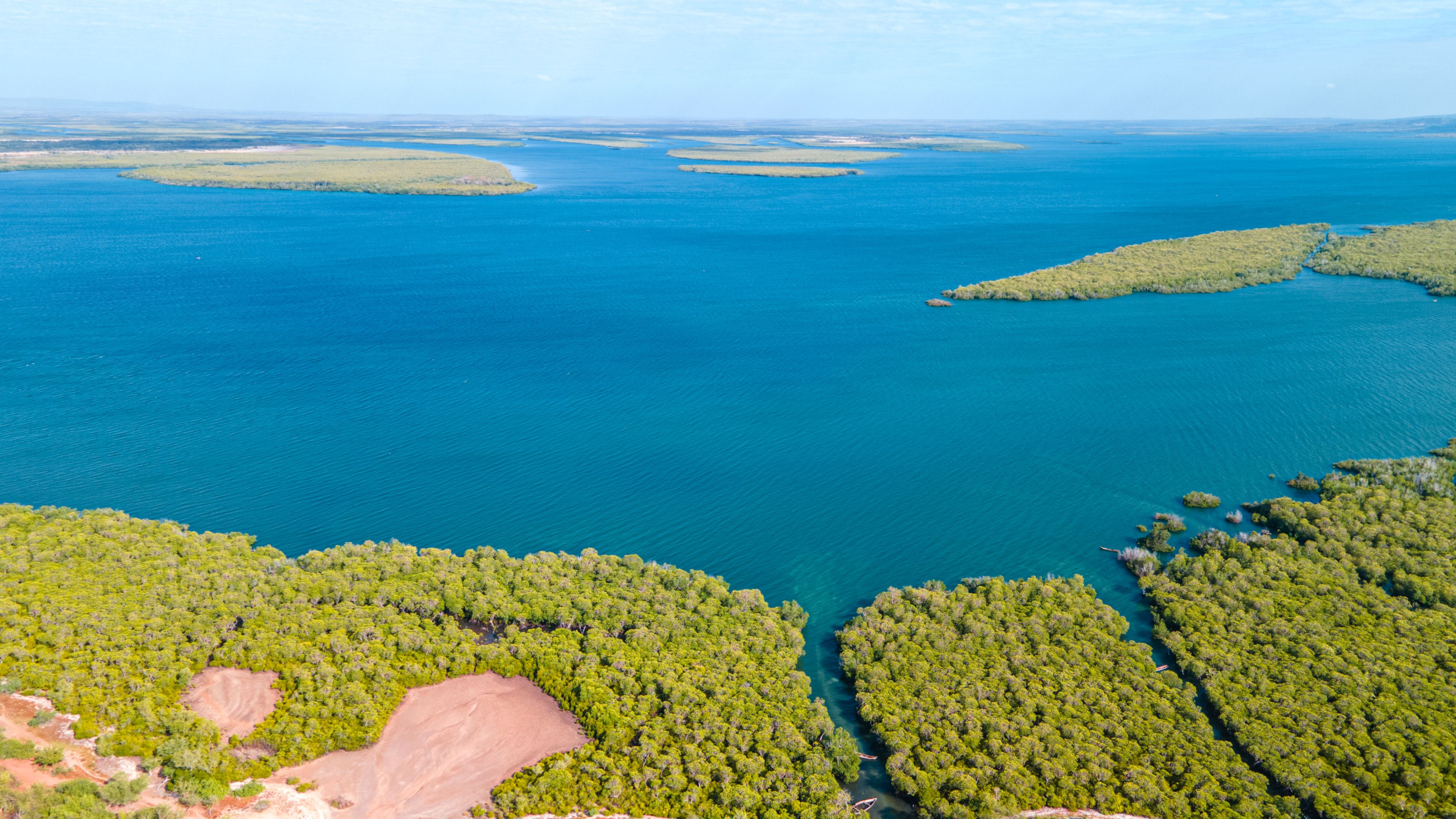 Aerial shot capturing the serene coastline and lush mangroves near Kilwa Masoko, Tanzania.