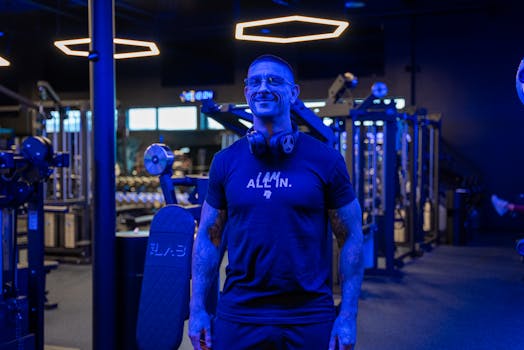 Athletic man with headphones smiling in a modern gym with blue lighting.