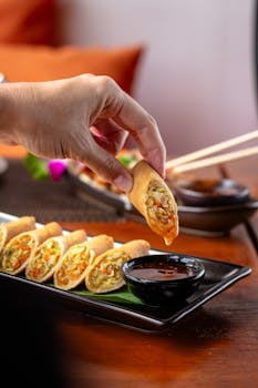 Close-up of a hand holding a spring roll above a bowl of dipping sauce.