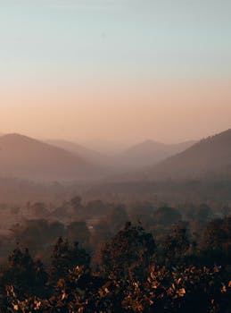 A serene landscape of misty hills and trees at sunrise in Daringbadi, India.
