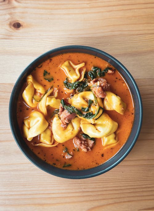 Top View of a Tortellini Soup 