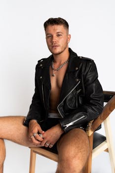 A fashionable man poses in a black leather jacket and shorts seated on a designer chair.