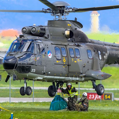 Free Eurocopter Super Puma helicopter with soldiers at Payerne Airbase, Switzerland. Stock Photo