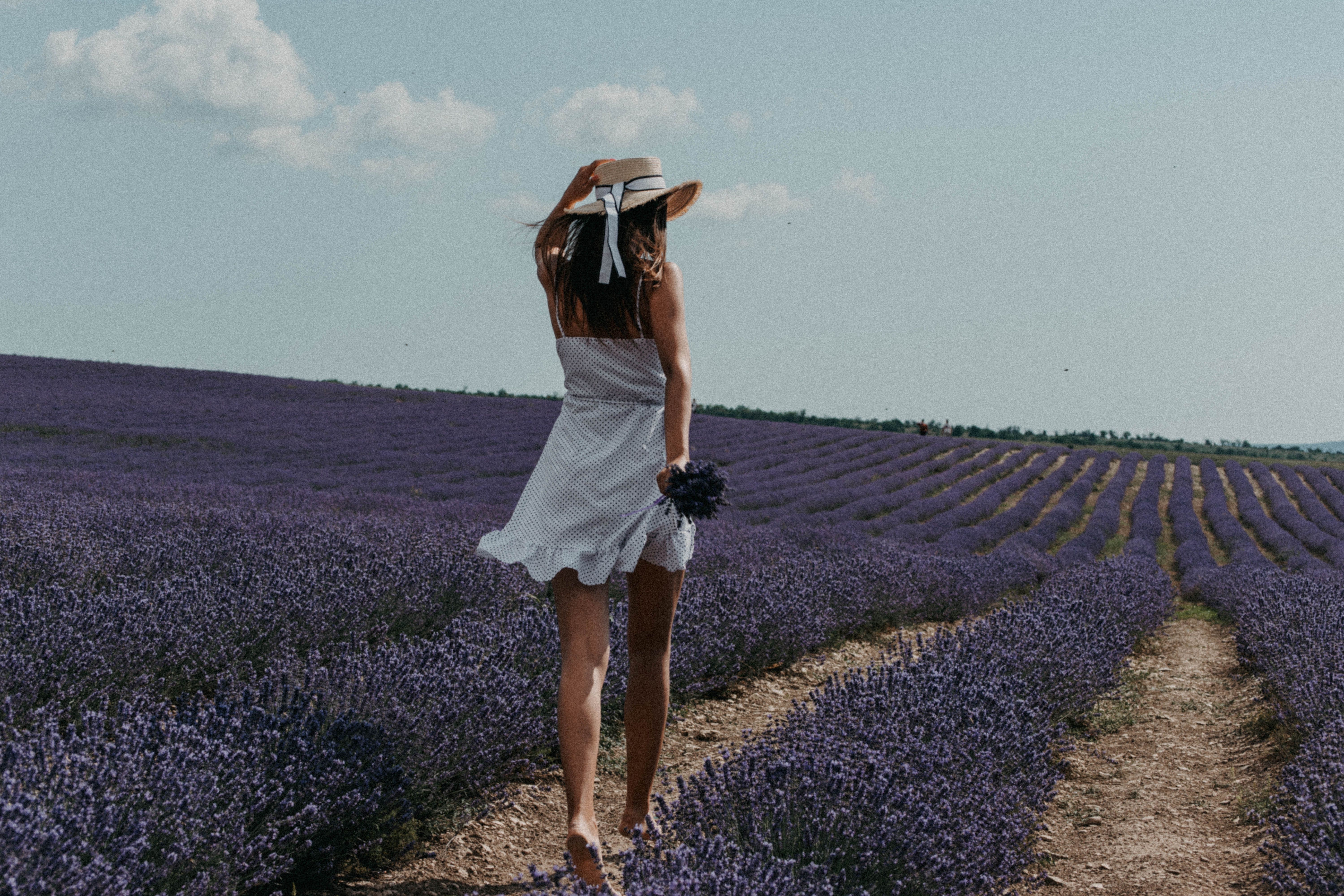 Woman in Hat and Dress Walking on Lavender Field · Free Stock Photo