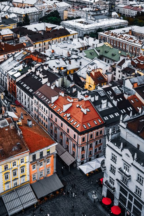 Free A bird's-eye view capturing the historic rooftops and buildings of Lviv, Ukraine, showcasing its unique architecture. Stock Photo