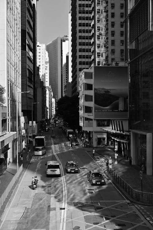Black and White Picture of a Street and Modern Buildings in City
