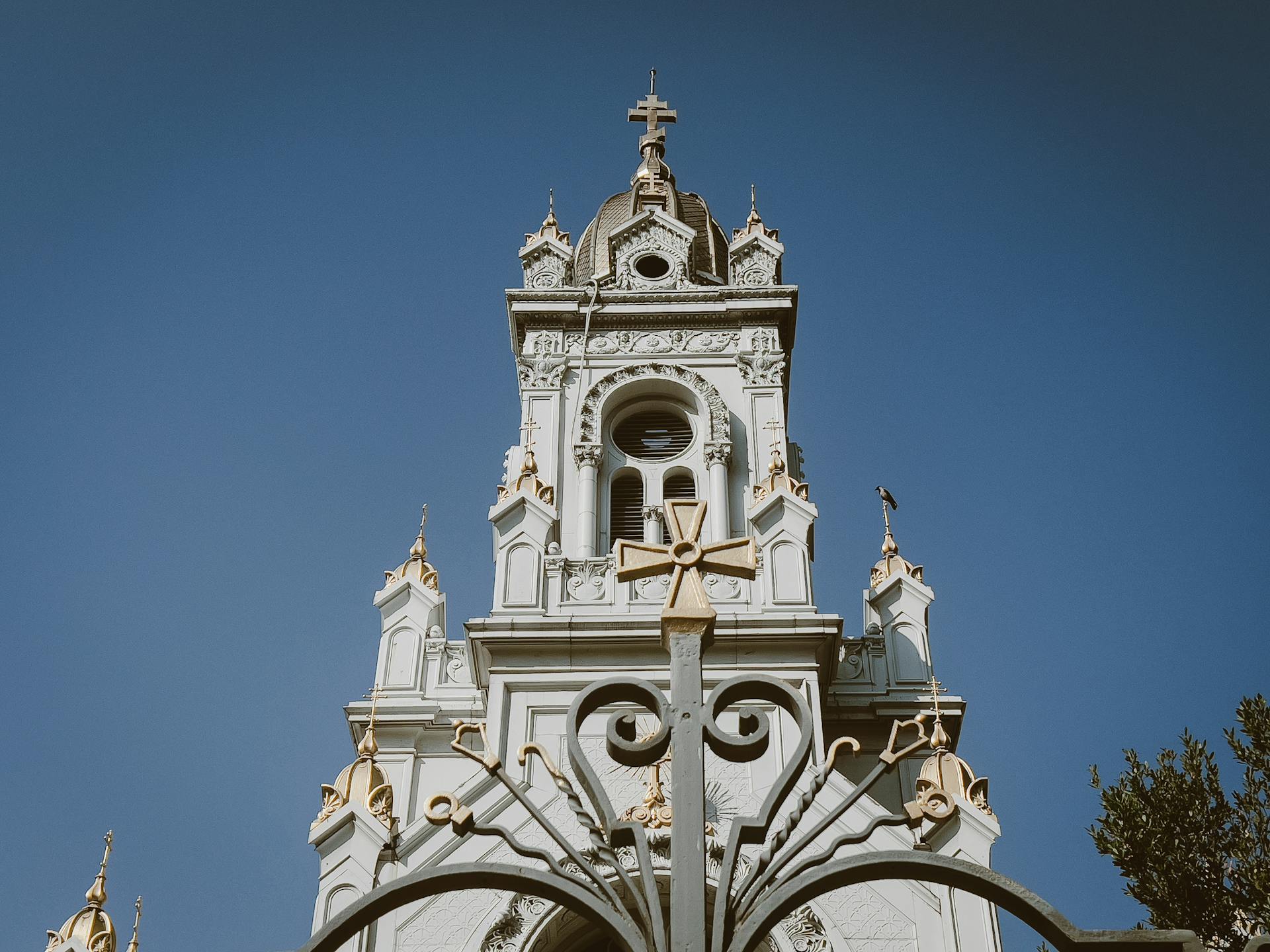 Stunning view of the ornate St Stephen Bulgarian Orthodox Church facade against a clear blue sky.